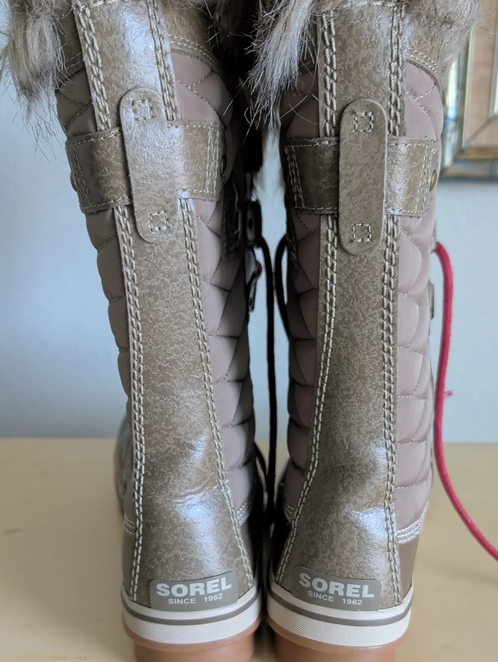 Sorel Taupe Winter Boots with Pink Laces and Faux Fur Cuff